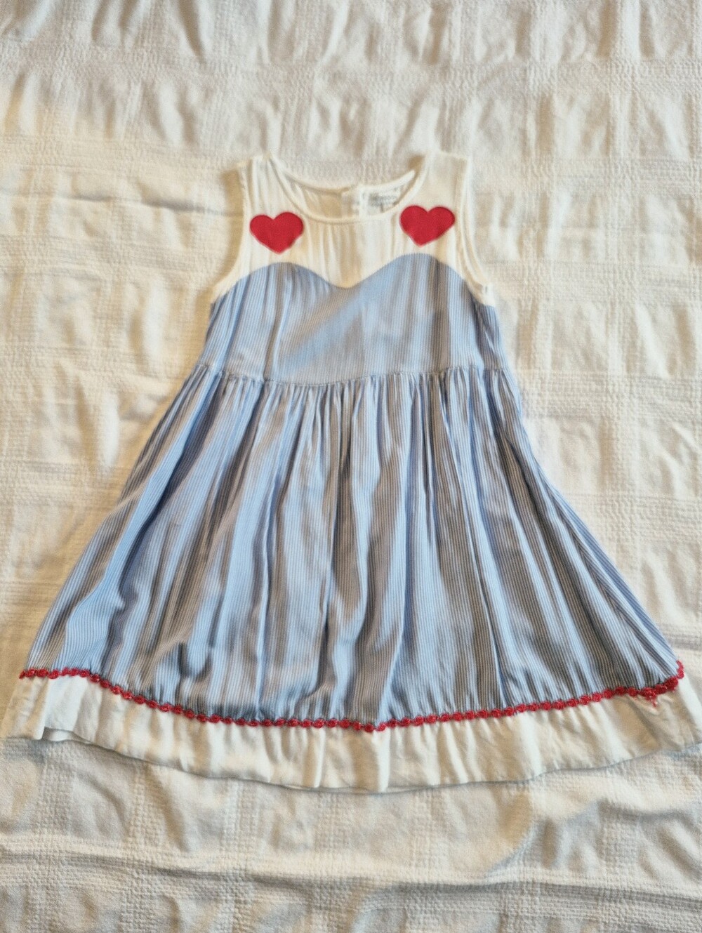 Monsoon girls size 6 years dress, sleeveless blue & white stripe, hearts, VGUC